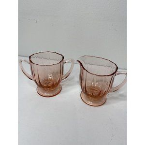 Vintage Pink Depression Glass Creamer Sugar Bowl Set glassware